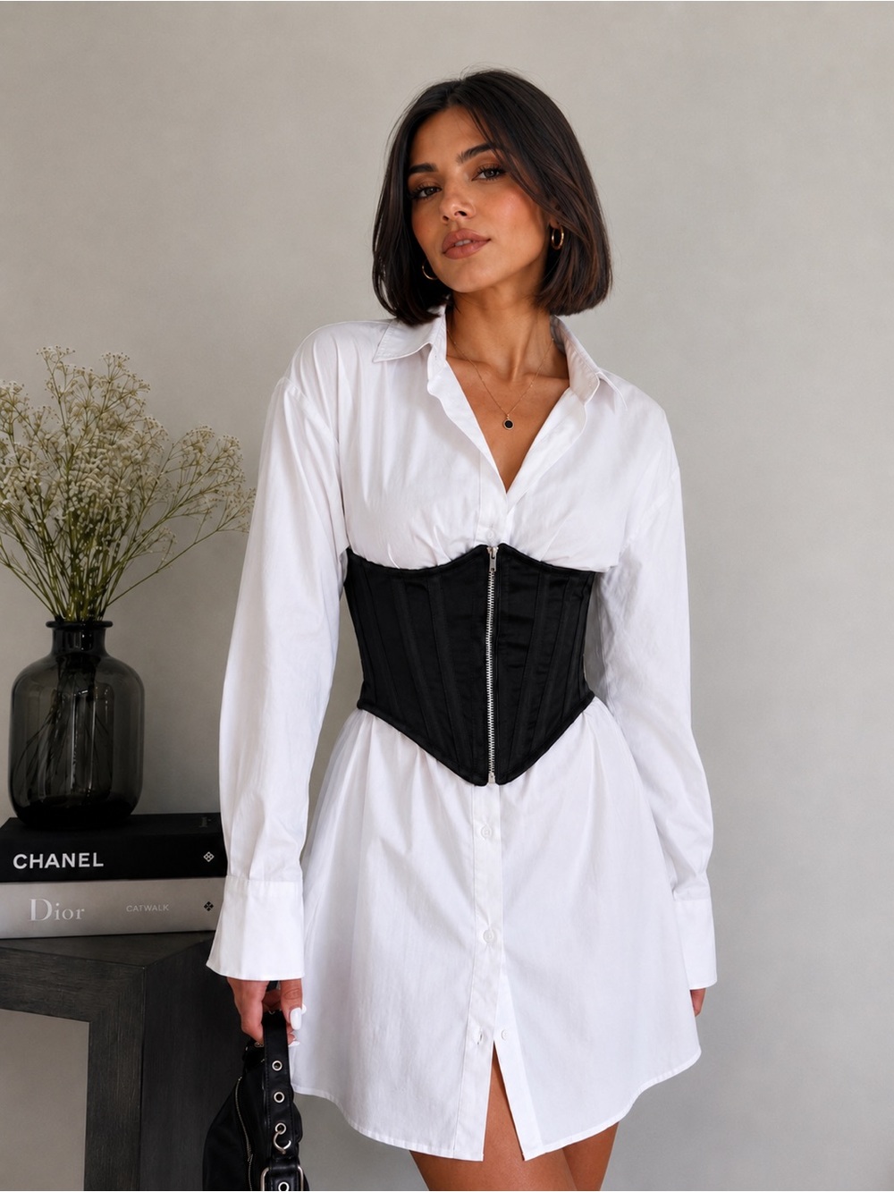 Black Under Bust Corset with Zip Waist